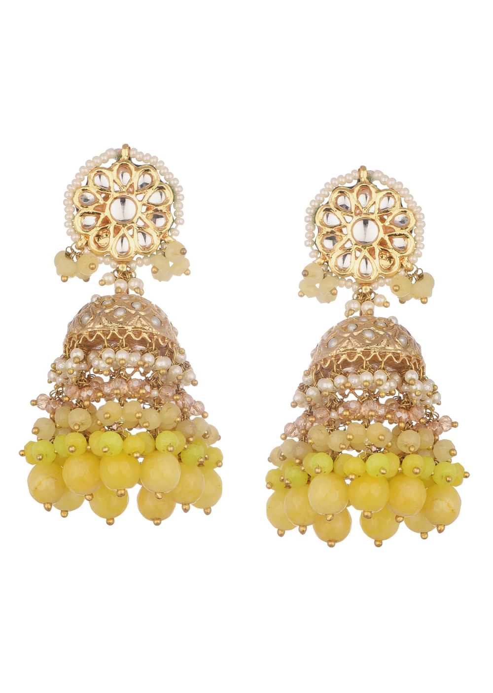 Gold And Yellow Kundan Dangler Earrings In Mix Metal