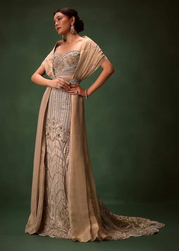 Gold Beige Fish-Cut Lehenga Set With Draped Dupatta And Waist Belt