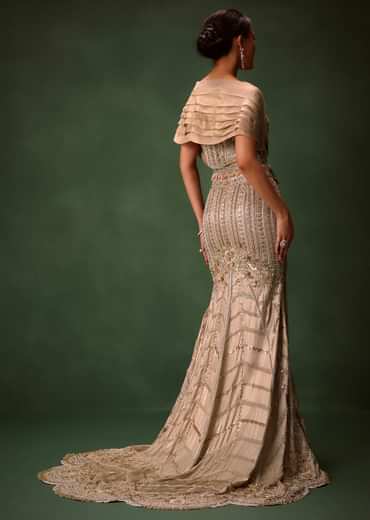 Gold Beige Fish-Cut Lehenga Set With Draped Dupatta And Waist Belt