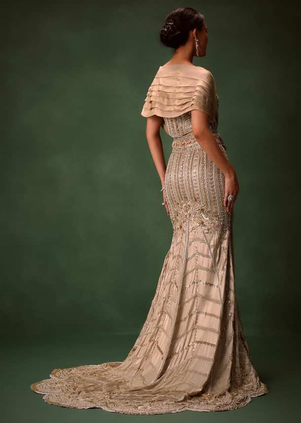 Gold Beige Fish-Cut Lehenga Set With Draped Dupatta And Waist Belt