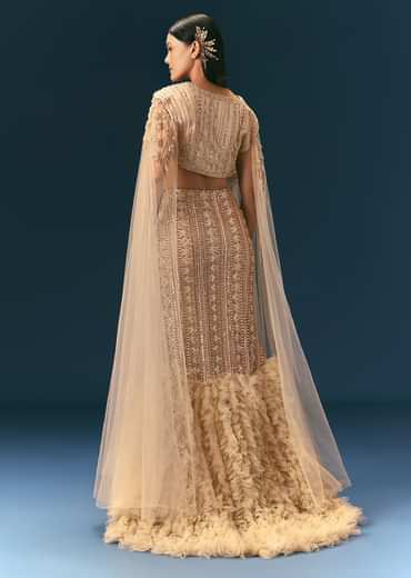 Gold Beige Mermaid Lehenga Set With Frills