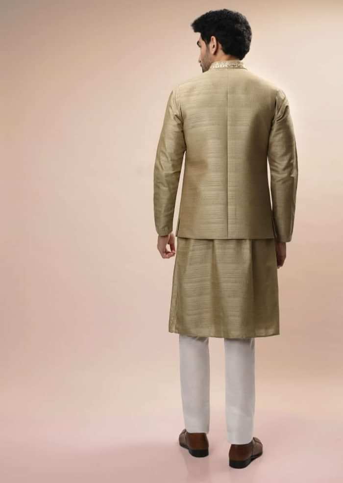 Gold Beige Nehru Jacket And Kurta Set With Resham And Mirror Embroidered Buttis