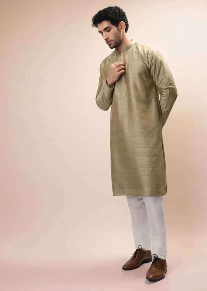 Gold Beige Nehru Jacket And Kurta Set With Resham And Mirror Embroidered Buttis
