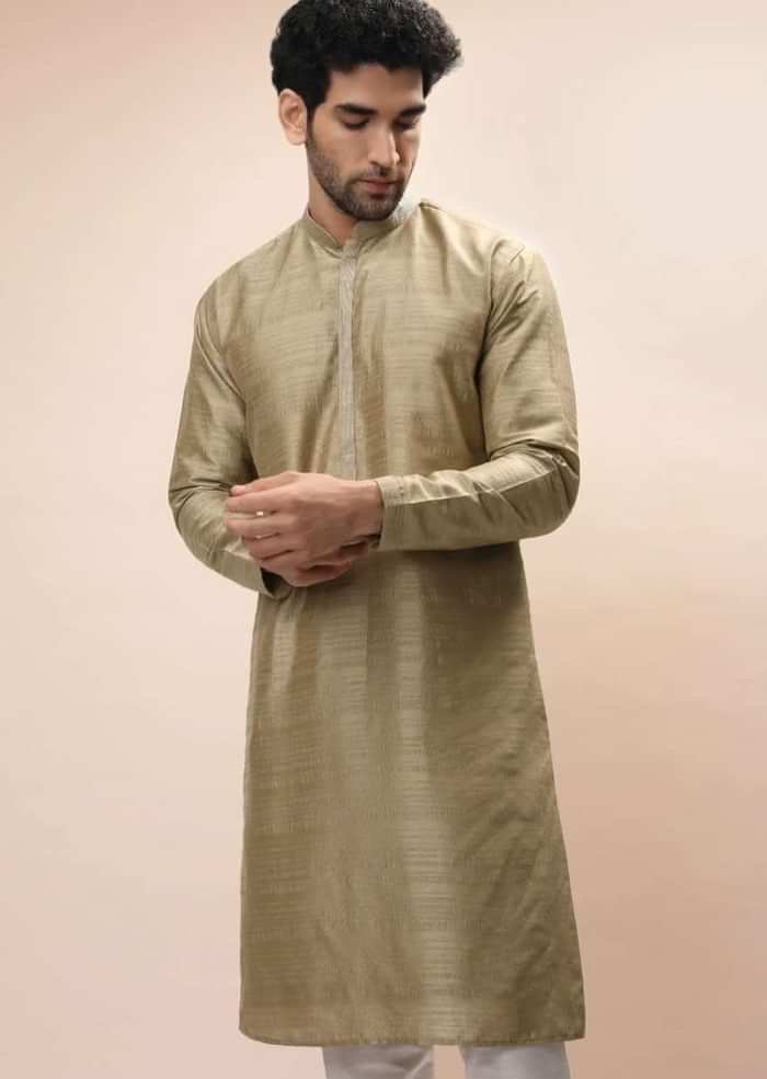 Gold Beige Nehru Jacket And Kurta Set With Resham And Mirror Embroidered Buttis