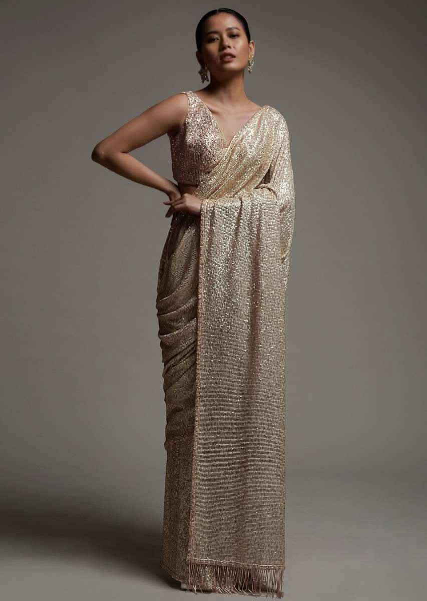 Gold Beige Saree Embellished In Sequins With Fringes On The Pallu And Unstitched Blouse