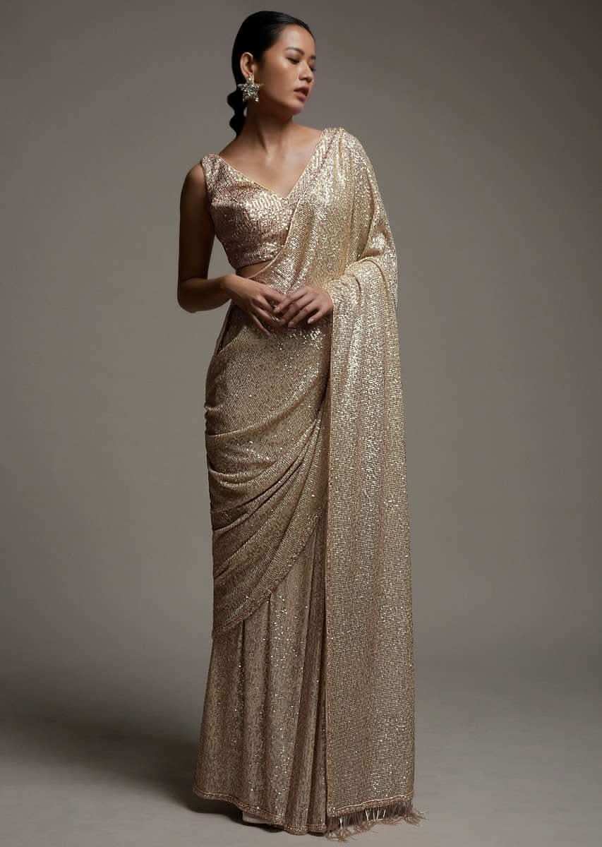 Gold Beige Saree Embellished In Sequins With Fringes On The Pallu And Unstitched Blouse