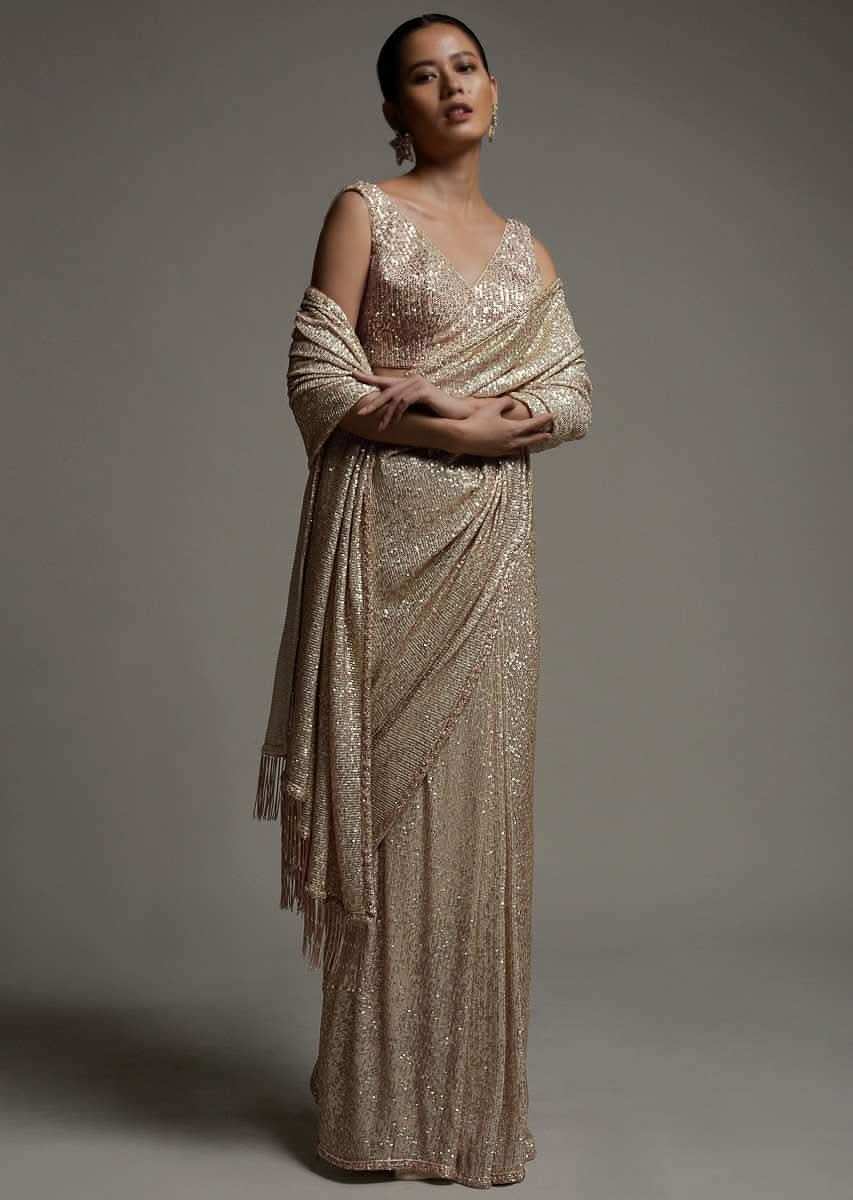 Gold Beige Saree Embellished In Sequins With Fringes On The Pallu And Unstitched Blouse