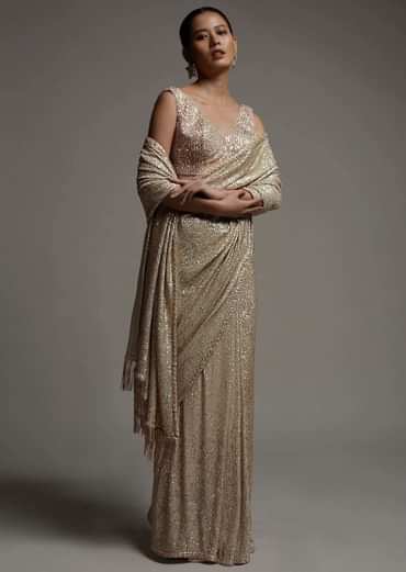 Gold Beige Saree Embellished In Sequins With Fringes On The Pallu And Unstitched Blouse