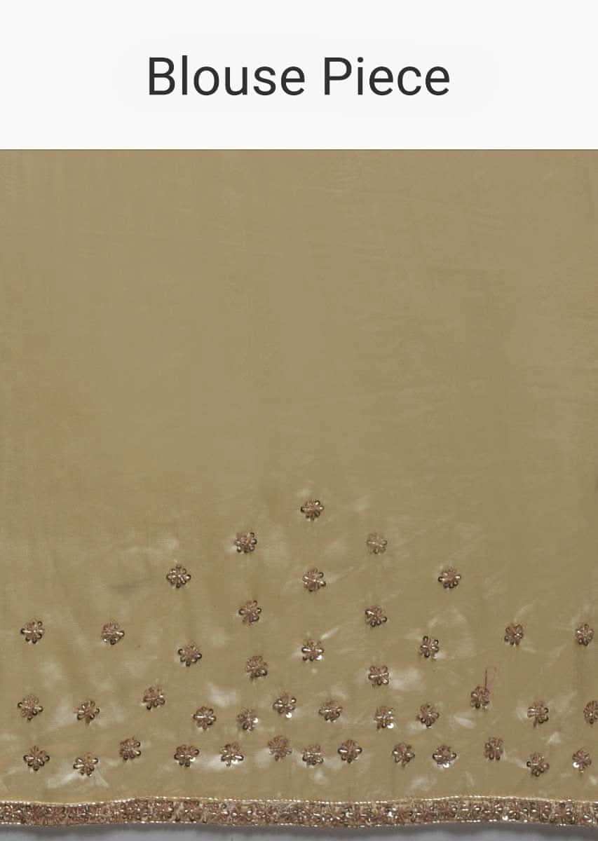 Gold Beige Saree Embellished In Sequins With Fringes On The Pallu And Unstitched Blouse