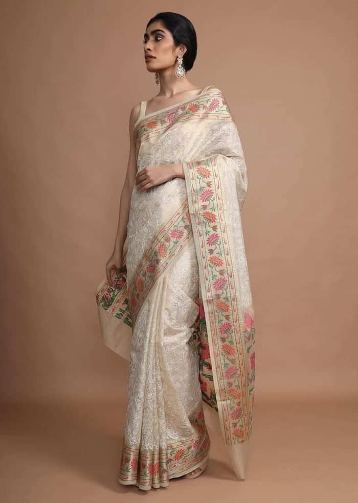 Gold Beige Saree In Zari Kota Silk With Hand Embroidered Floral Jaal Using Resham Threads