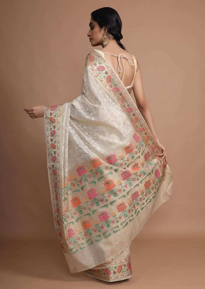 Gold Beige Saree In Zari Kota Silk With Hand Embroidered Floral Jaal Using Resham Threads