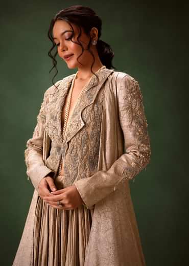 Gold Brocade Jacket And Rushing Skirt Suit