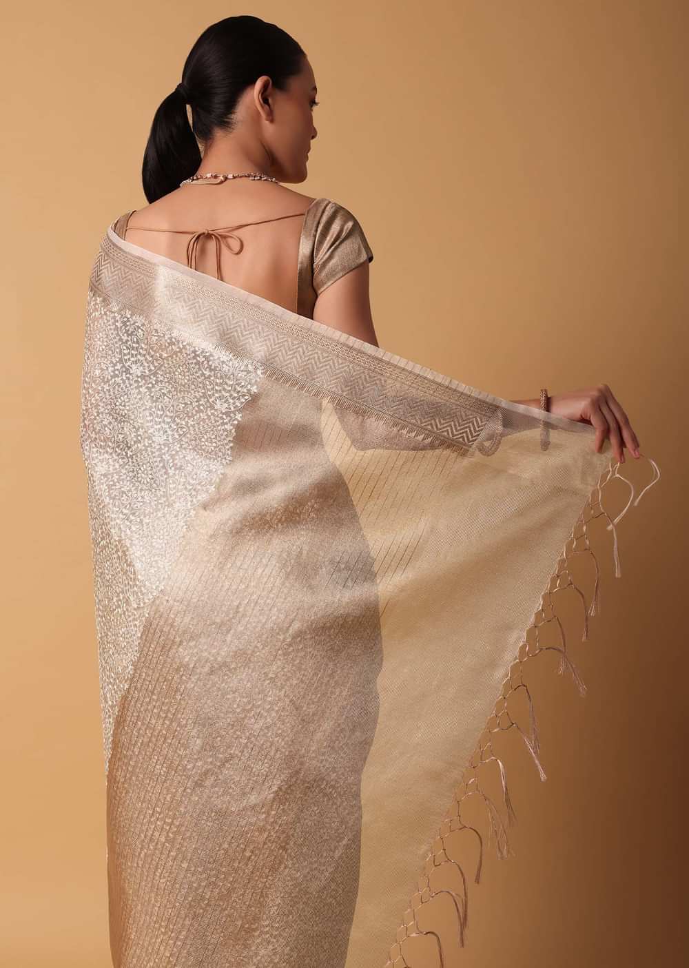 Gold Chanderi Kora Silk Saree With Zari Work Pallu And Unstitched Blouse Piece
