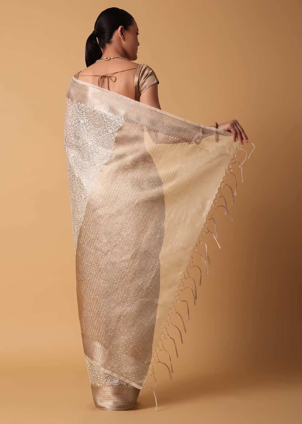 Gold Chanderi Kora Silk Saree With Zari Work Pallu And Unstitched Blouse Piece