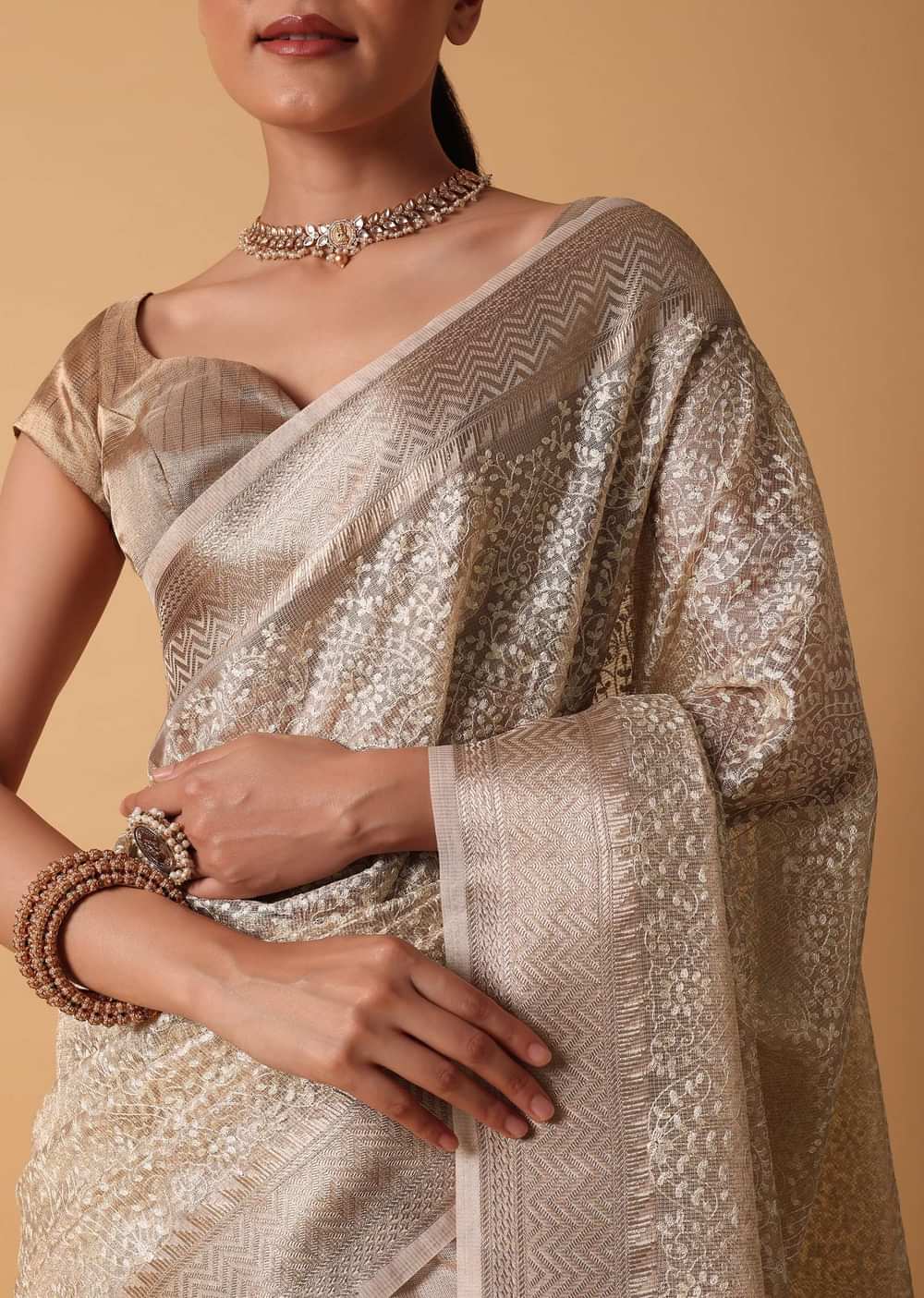 Gold Chanderi Kora Silk Saree With Zari Work Pallu And Unstitched Blouse Piece