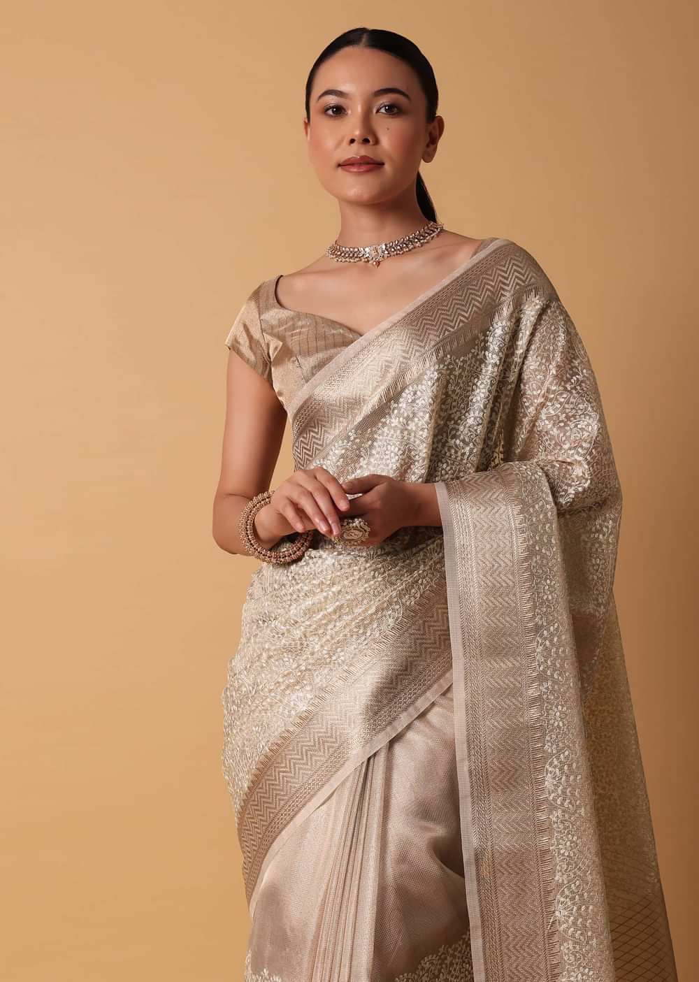 Gold Chanderi Kora Silk Saree With Zari Work Pallu And Unstitched Blouse Piece