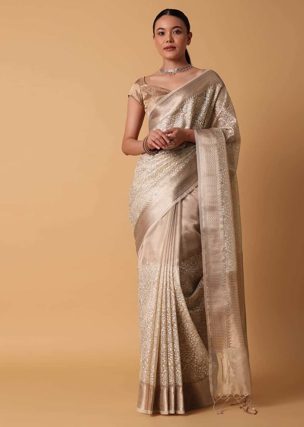 Gold Chanderi Kora Silk Saree With Zari Work Pallu And Unstitched Blouse Piece