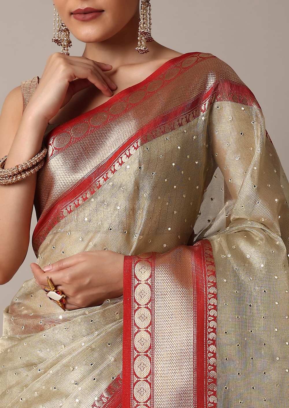 Gold Chanderi Kota Silk Woven Saree With Mirror Work And Unstitched Blouse Piece