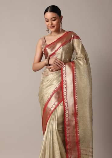 Gold Chanderi Kota Silk Woven Saree With Mirror Work And Unstitched Blouse Piece