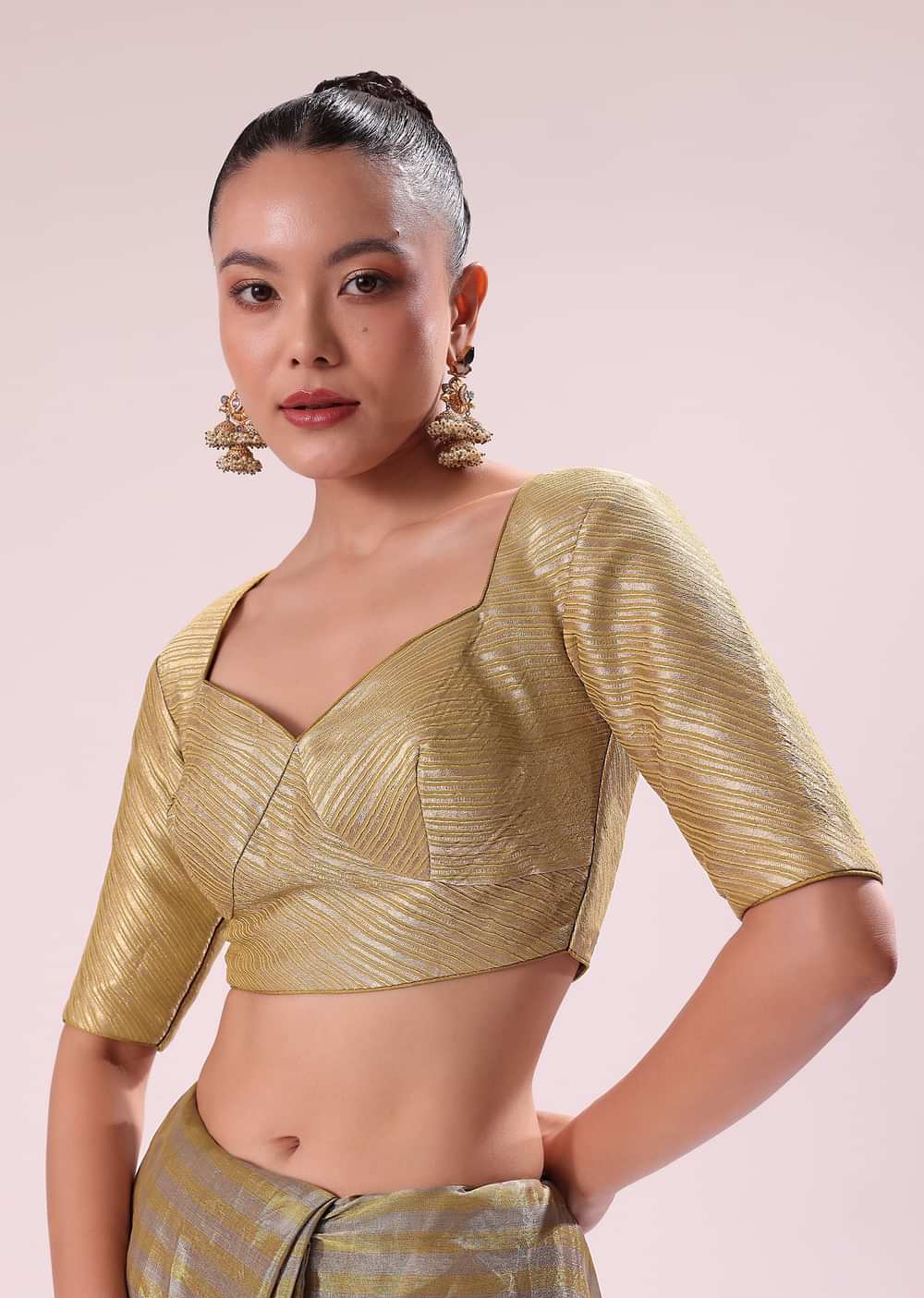 Gold Chanderi Tissue Saree With Pipe Finish Stitched Blouse
