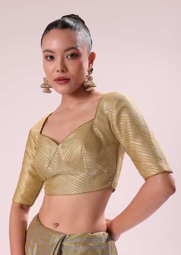 Gold Chanderi Tissue Saree With Pipe Finish Stitched Blouse