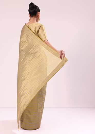 Gold Chanderi Tissue Saree With Pipe Finish Stitched Blouse