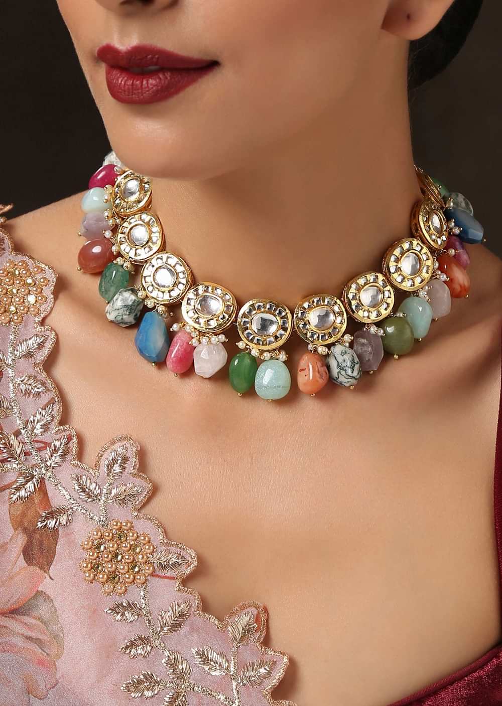 Gold Choker Necklace With Navratna Stones Dangling From Classy Kundan Design By Paisley Pop