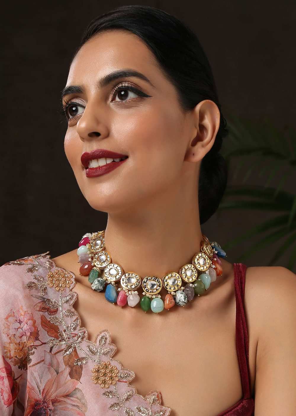 Gold Choker Necklace With Navratna Stones Dangling From Classy Kundan Design By Paisley Pop