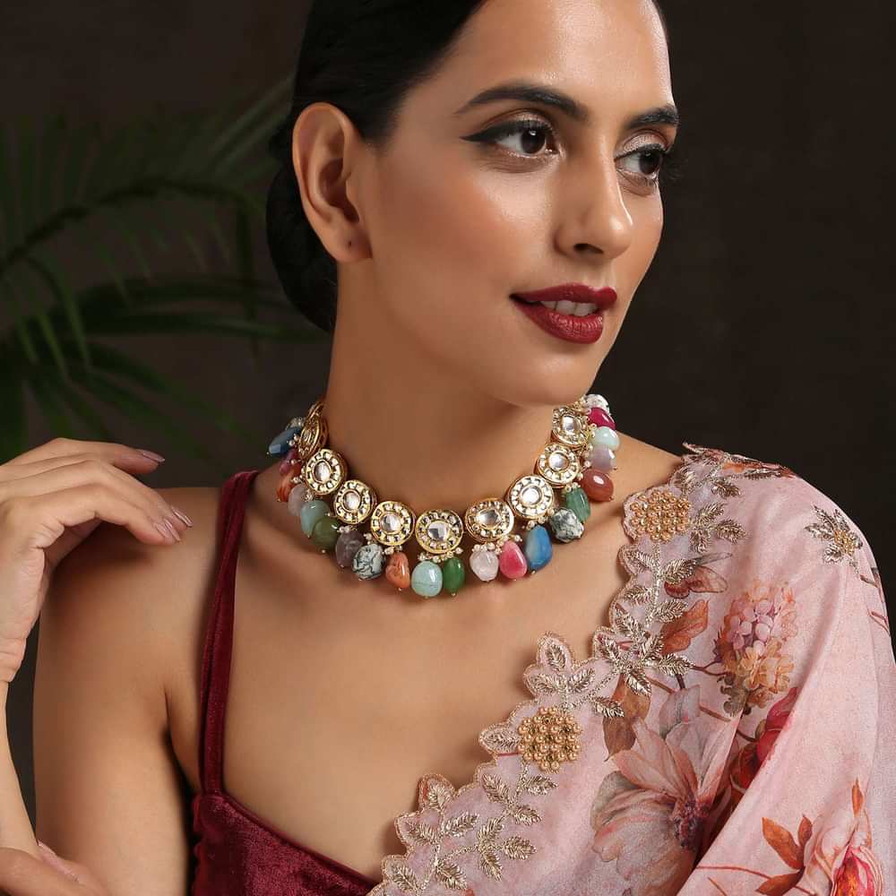 Gold Choker Necklace With Navratna Stones Dangling From Classy Kundan Design By Paisley Pop