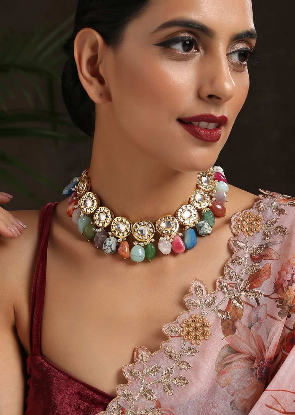 Gold Choker Necklace With Navratna Stones Dangling From Classy Kundan Design By Paisley Pop