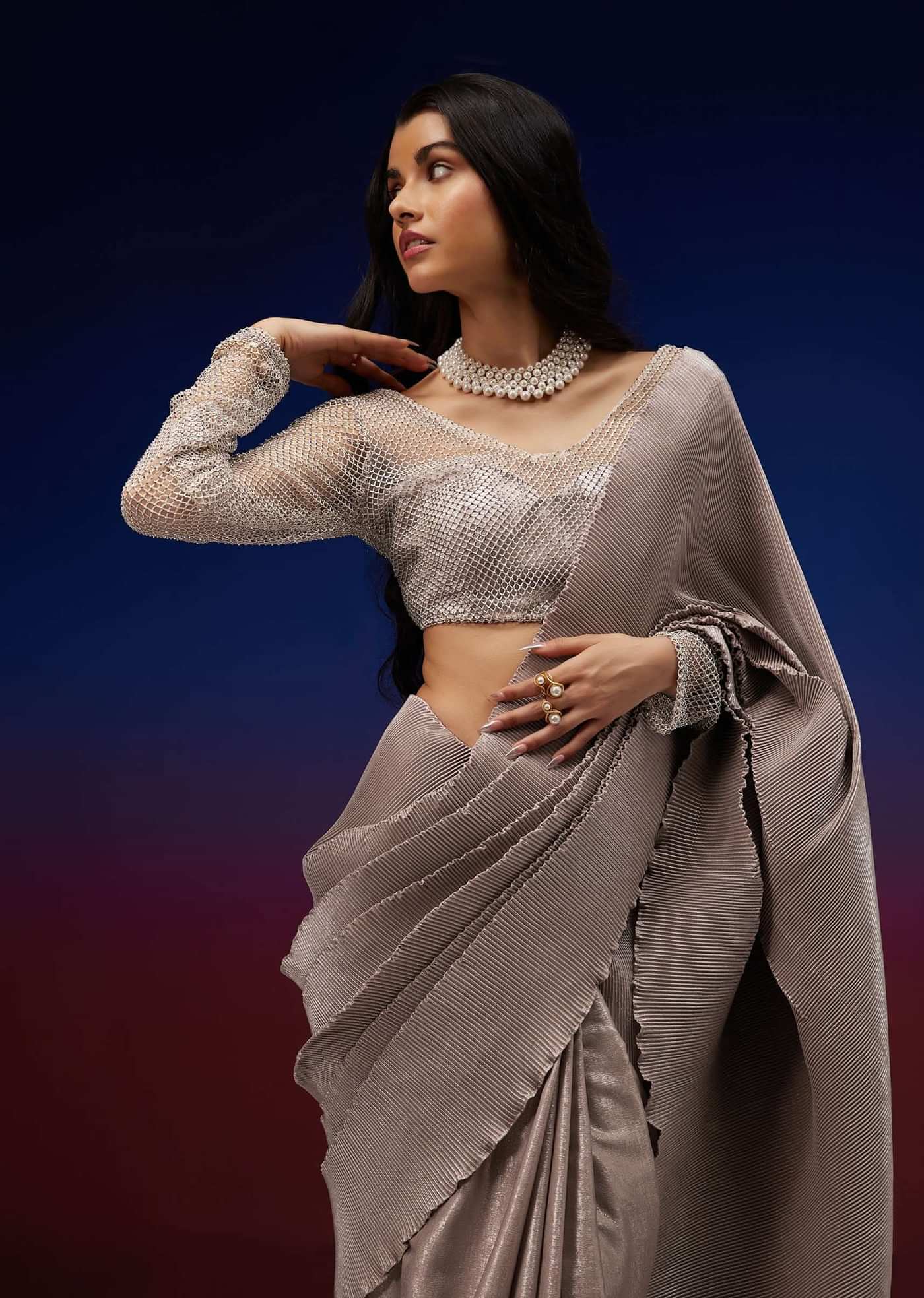 Gold Colored Open Saree With Silver Foil Fabric And Net Blouse