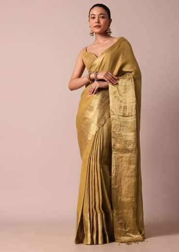 Gold Cotton Linen Saree With Zari Border And Unstitched Blouse Piece