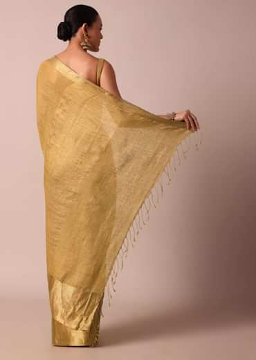 Gold Cotton Linen Saree With Zari Border And Unstitched Blouse Piece