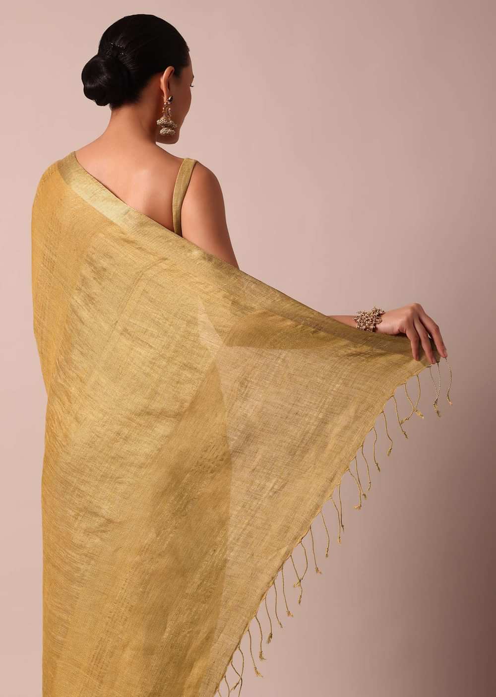 Gold Cotton Linen Saree With Zari Border And Unstitched Blouse Piece