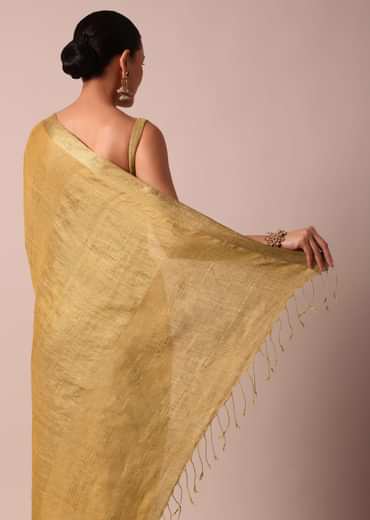Gold Cotton Linen Saree With Zari Border And Unstitched Blouse Piece