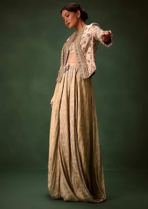 Gold Cowl Dhoti Drape Skirt With Heavy Embroidered Jacket