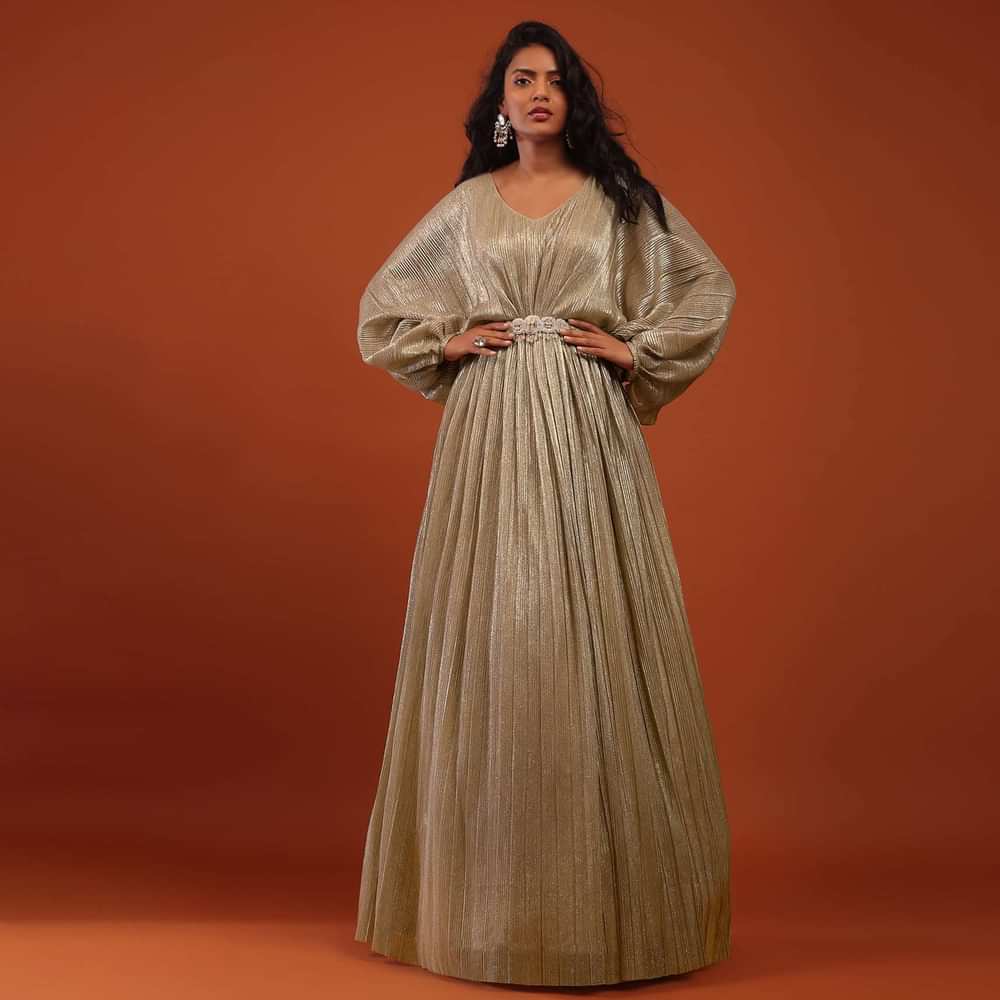 Gold Crushed Kaftan Gown With An Embellished Waistbelt