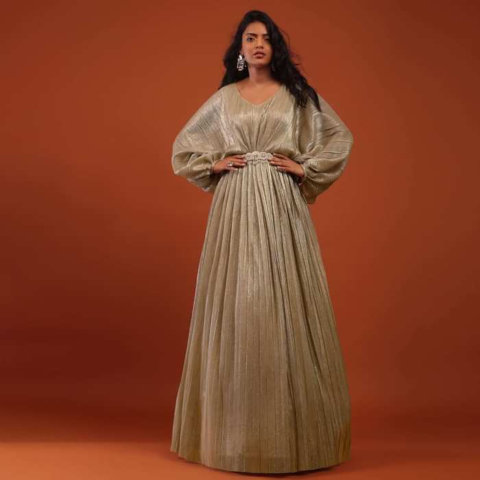 Gold Crushed Kaftan Gown With An Embellished Waistbelt