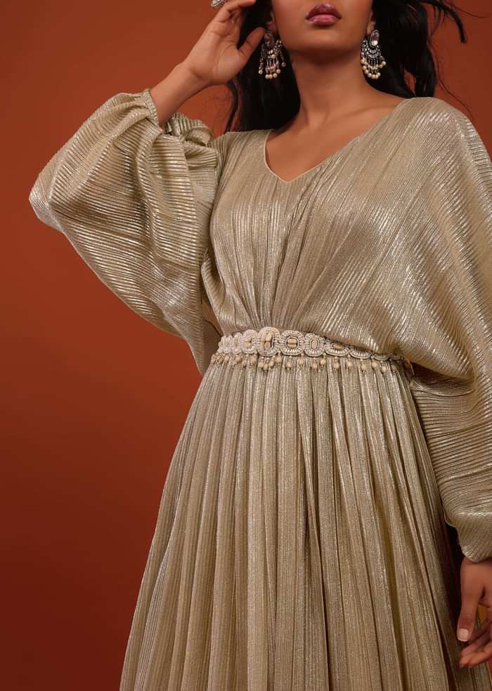 Gold Crushed Kaftan Gown With An Embellished Waistbelt