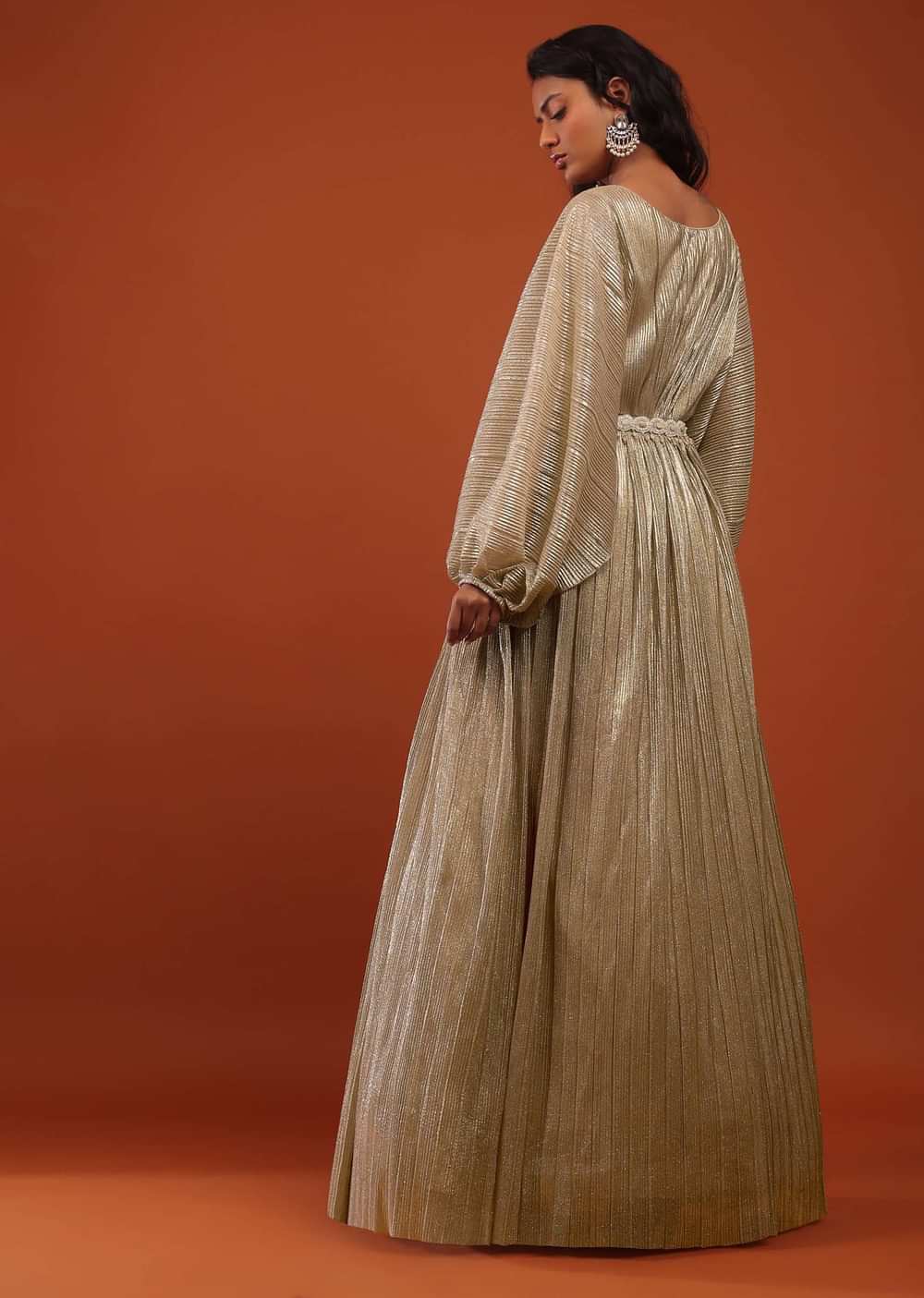 Gold Crushed Kaftan Gown With An Embellished Waistbelt