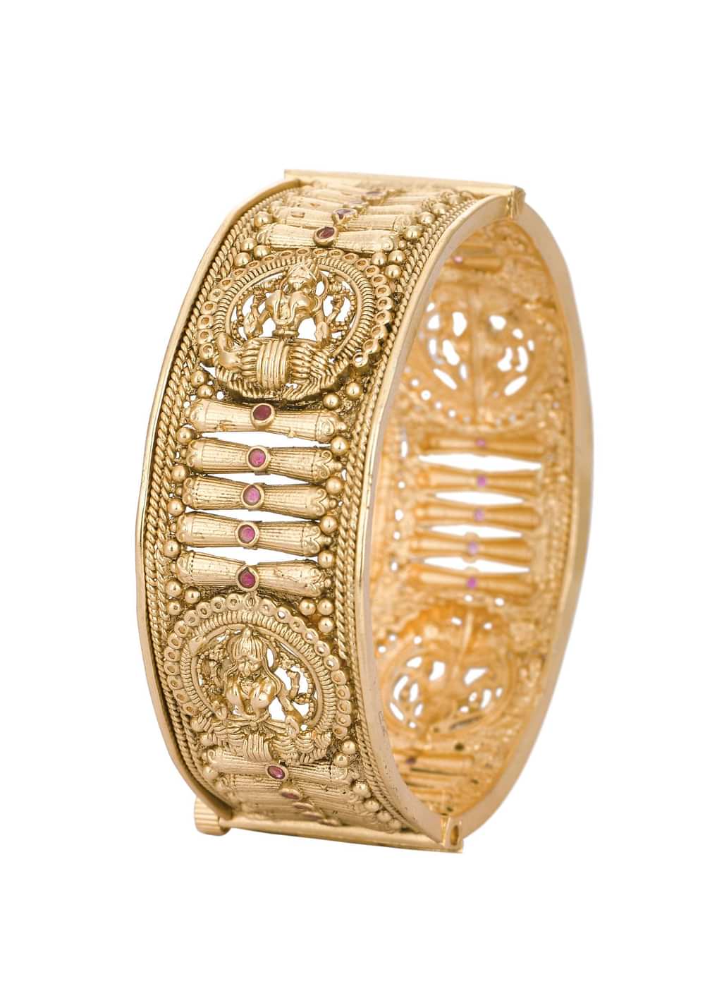 Gold Cutwork Temple Bangle With Kundan (Set of 2)
