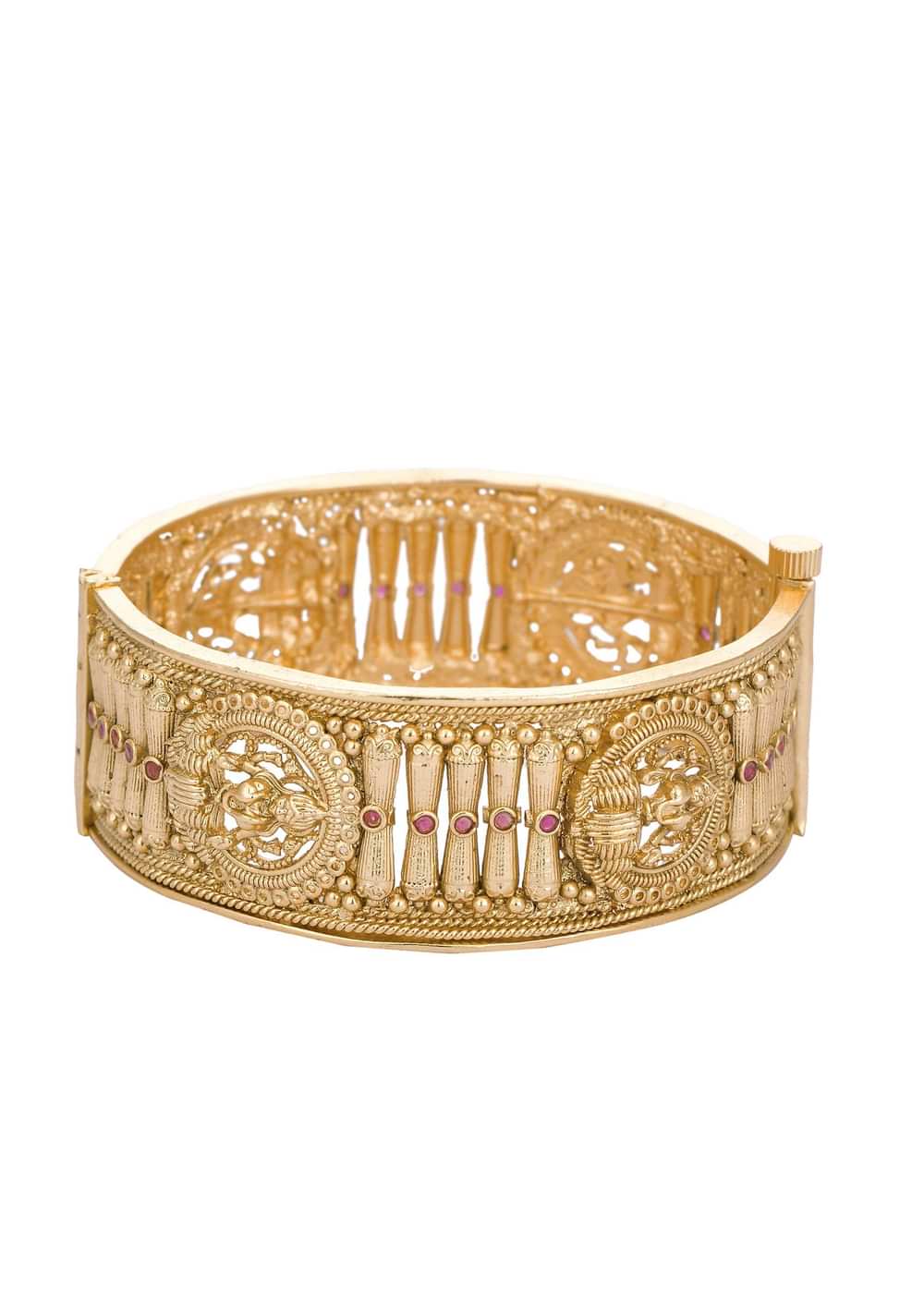 Gold Cutwork Temple Bangle With Kundan (Set of 2)