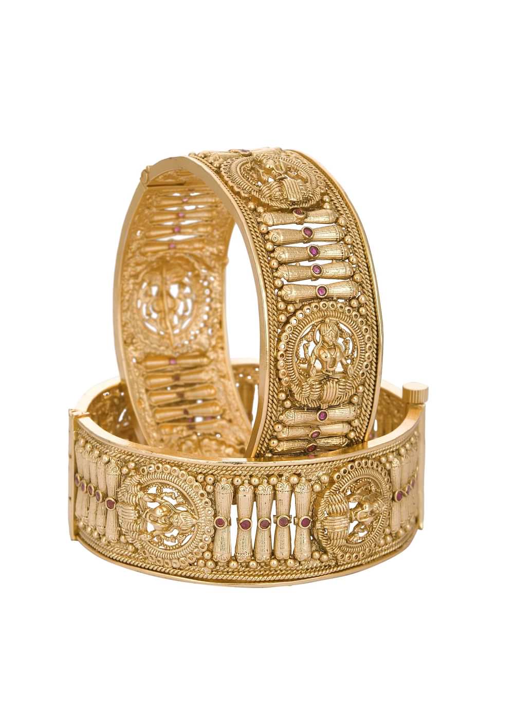 Gold Cutwork Temple Bangle With Kundan (Set of 2)