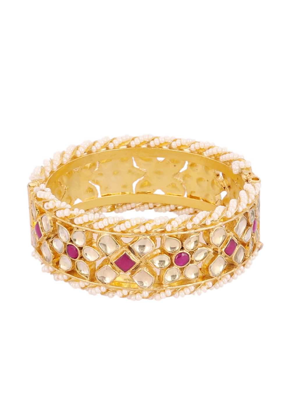 Gold Fineshed Pink and White Kundan Polki Bangles