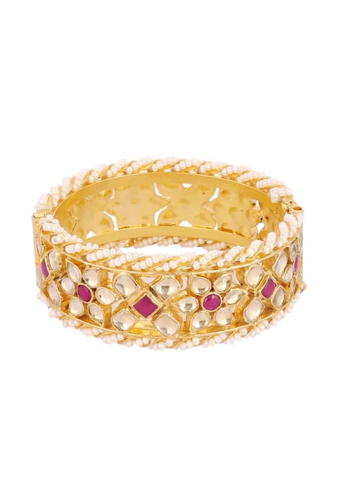 Gold Fineshed Pink and White Kundan Polki Bangles
