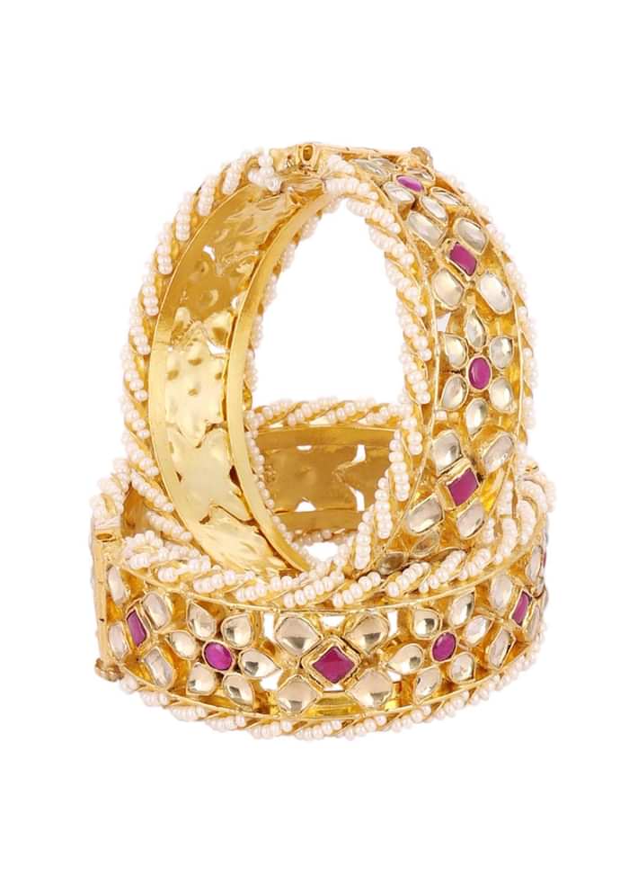 Gold Fineshed Pink and White Kundan Polki Bangles