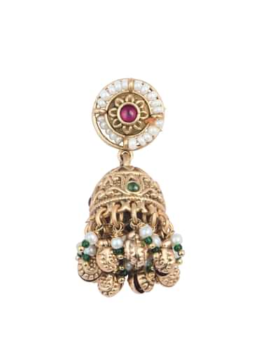 Gold Finish Beaded Temple Necklace With Pearl Drop Jhumkas