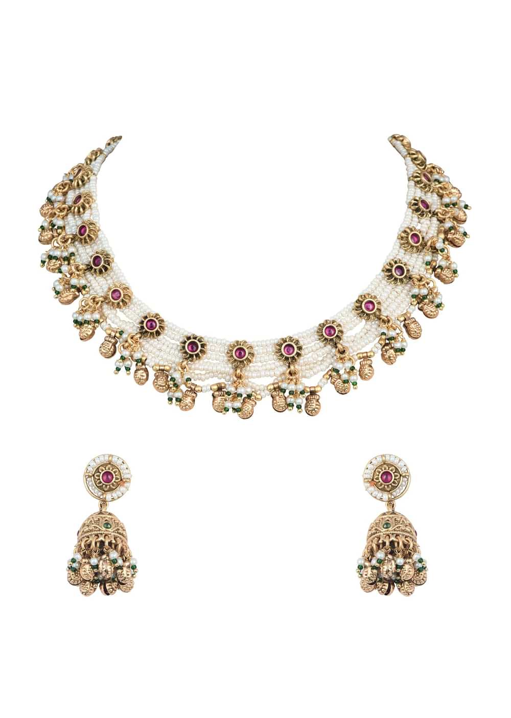 Gold Finish Beaded Temple Necklace With Pearl Drop Jhumkas