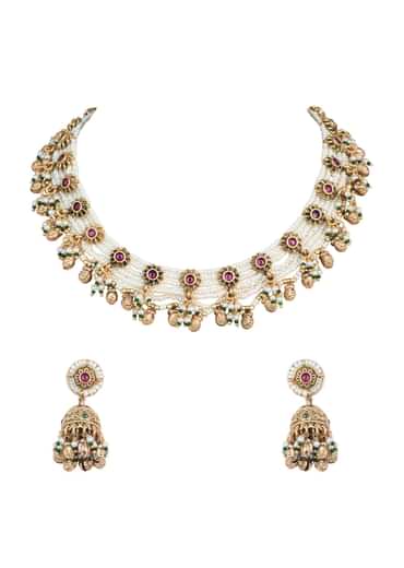 Gold Finish Beaded Temple Necklace With Pearl Drop Jhumkas