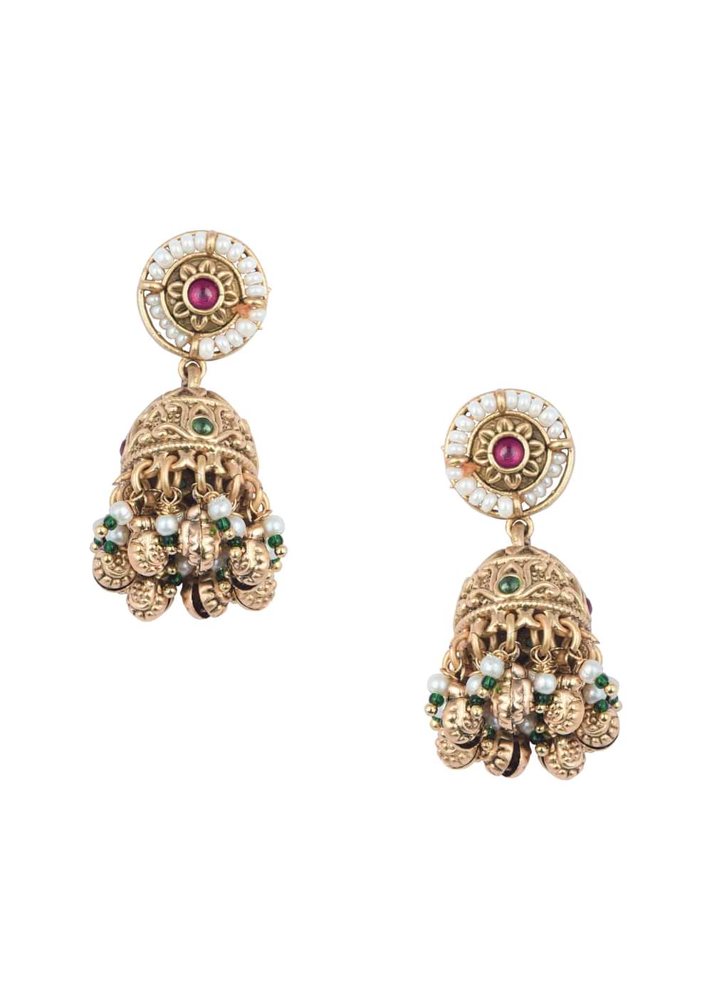 Gold Finish Beaded Temple Necklace With Pearl Drop Jhumkas